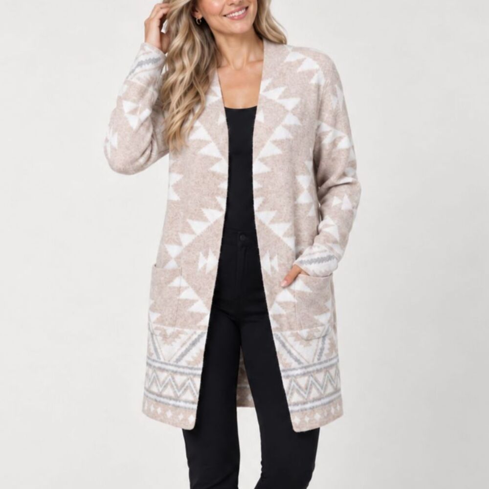Frye Cozy Cardigan Oatmeal Southwestern Geometric Longline Open Front Sweater